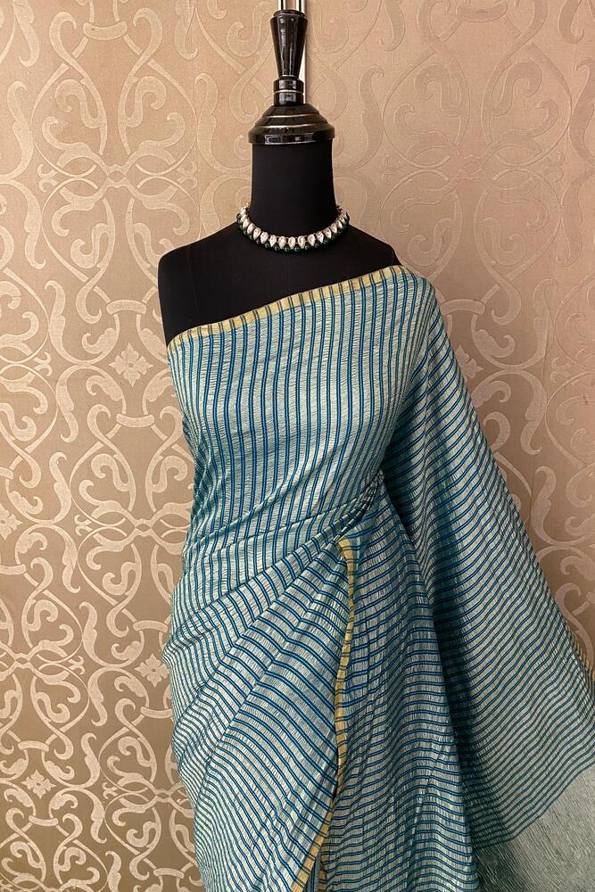 Blue Zari Stripe Munga Borderless Saree, With Unstiched Blouse