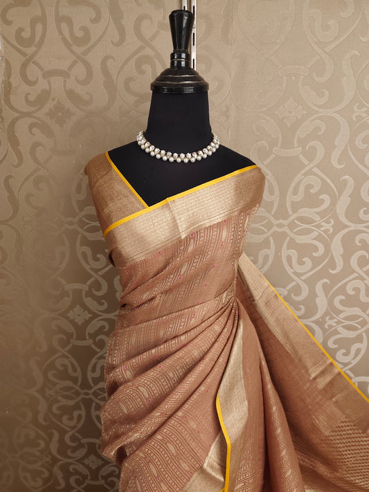 Light Brown Mysore Crepe Silk Banarasi Saree, With Unstiched Blouse
