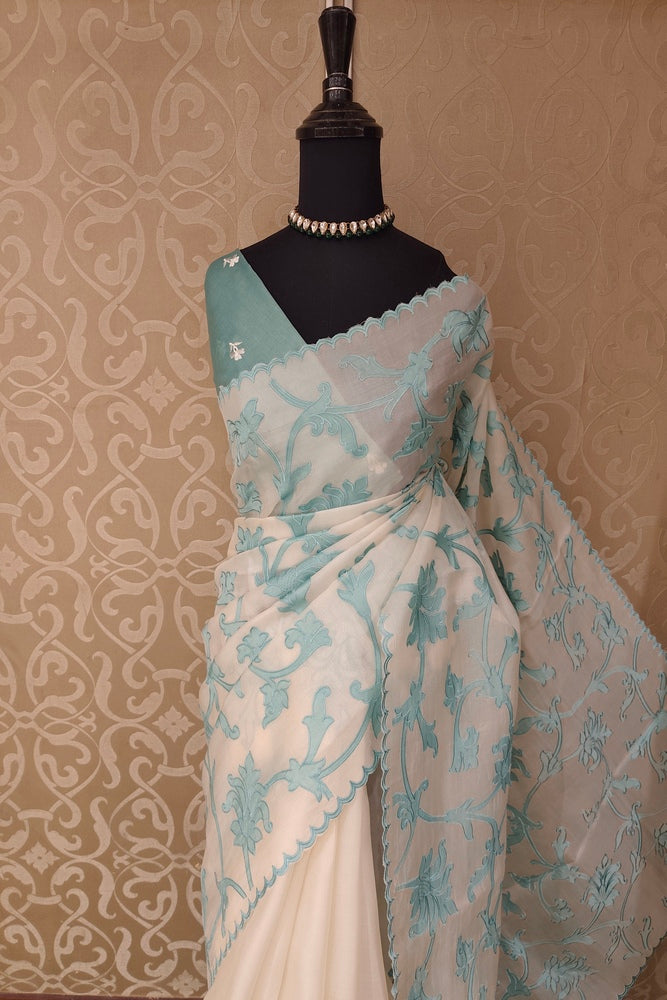 Off-White & Blue Organza Saree With Appliqué Work, With One Unstitched Blouse