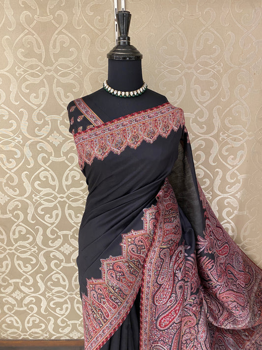 Black Pure Kani Handloom Silk Saree With Unstiched Jamewar Woven Blouse