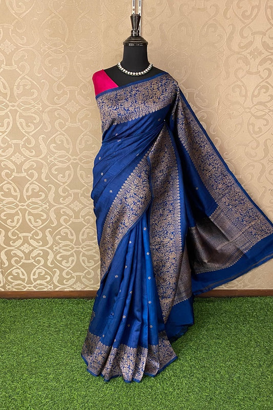 Blue Pure Raw Tussar Banarasi Silk Saree, Hand Woven Motifs With Unstiched Blouse