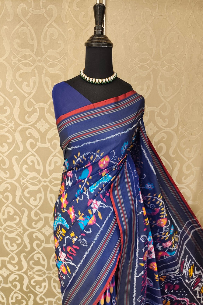 Navy Blue Pochampally Ikat Silk Saree, With Unstiched Blouse