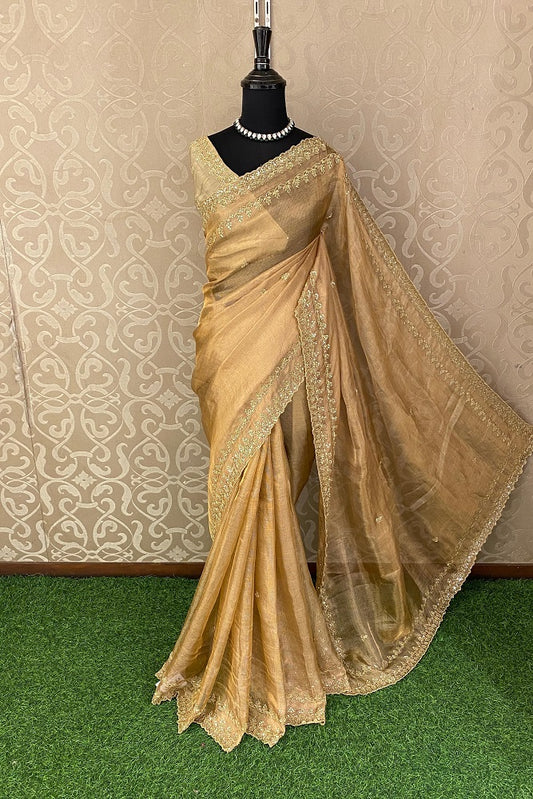 Golden Tissue Embroidery Saree, With Unstiched Blouse