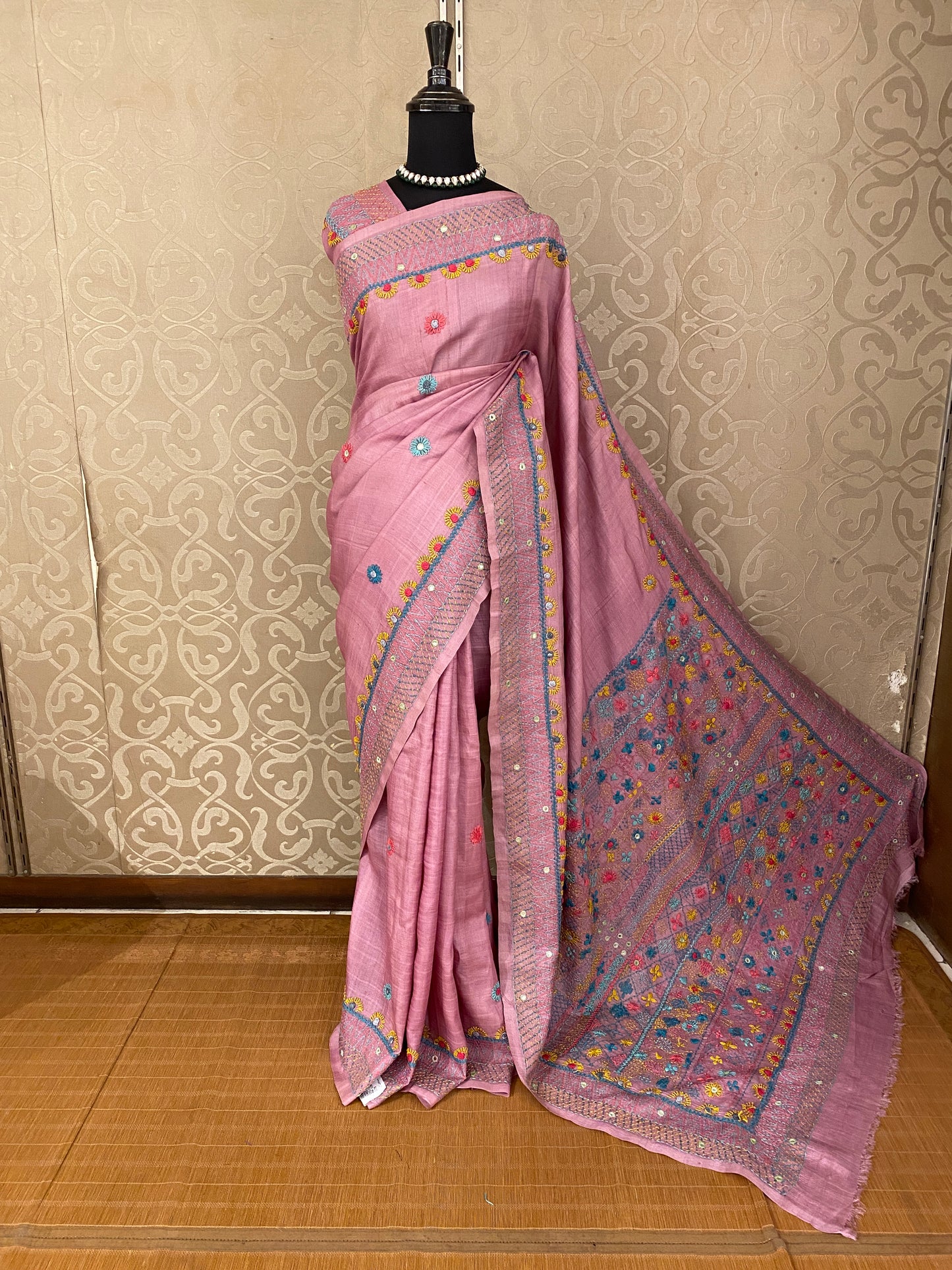 Pink Tussar Embroidery Saree With Lambani Work Border, With Unstitched Blouse