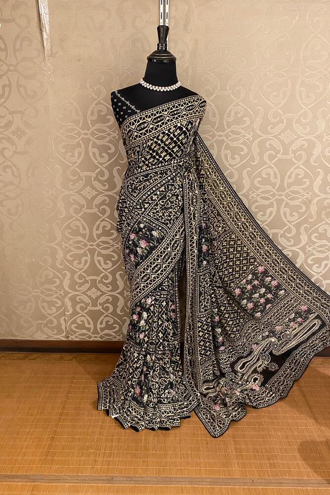 Black Georgette Embroidery Work Saree, With Unstiched Blouse