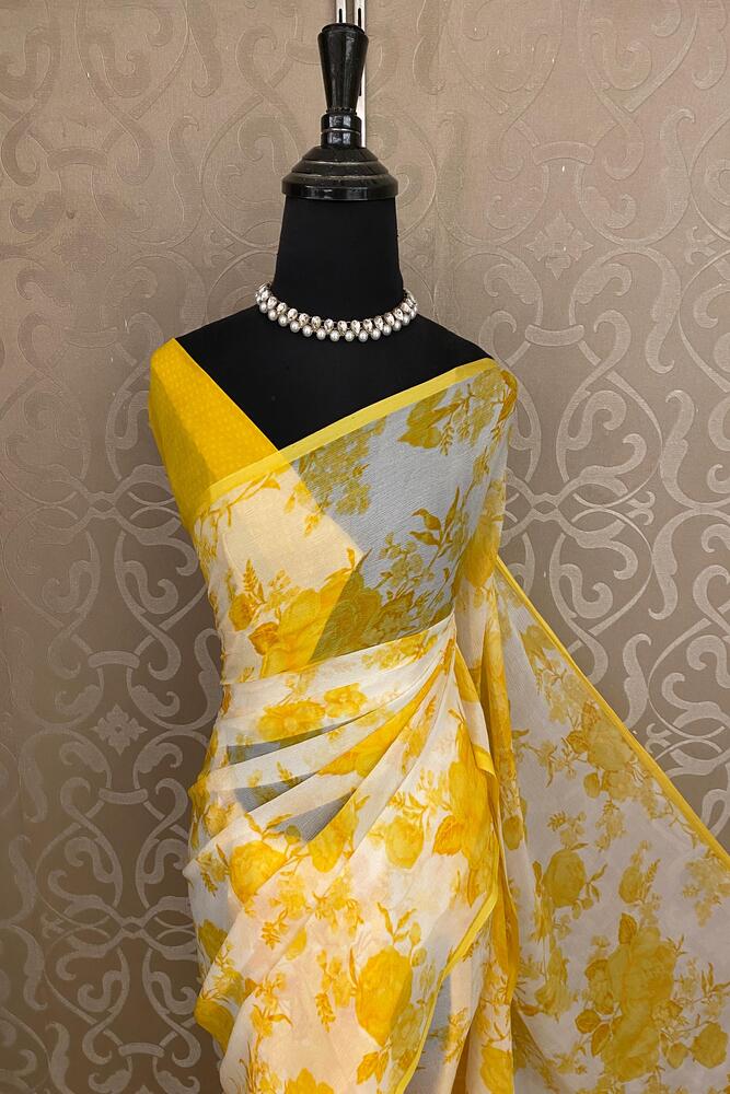 Off-White Yellow Floral Printed Chiffon Saree, With Unstiched Blouse Piece