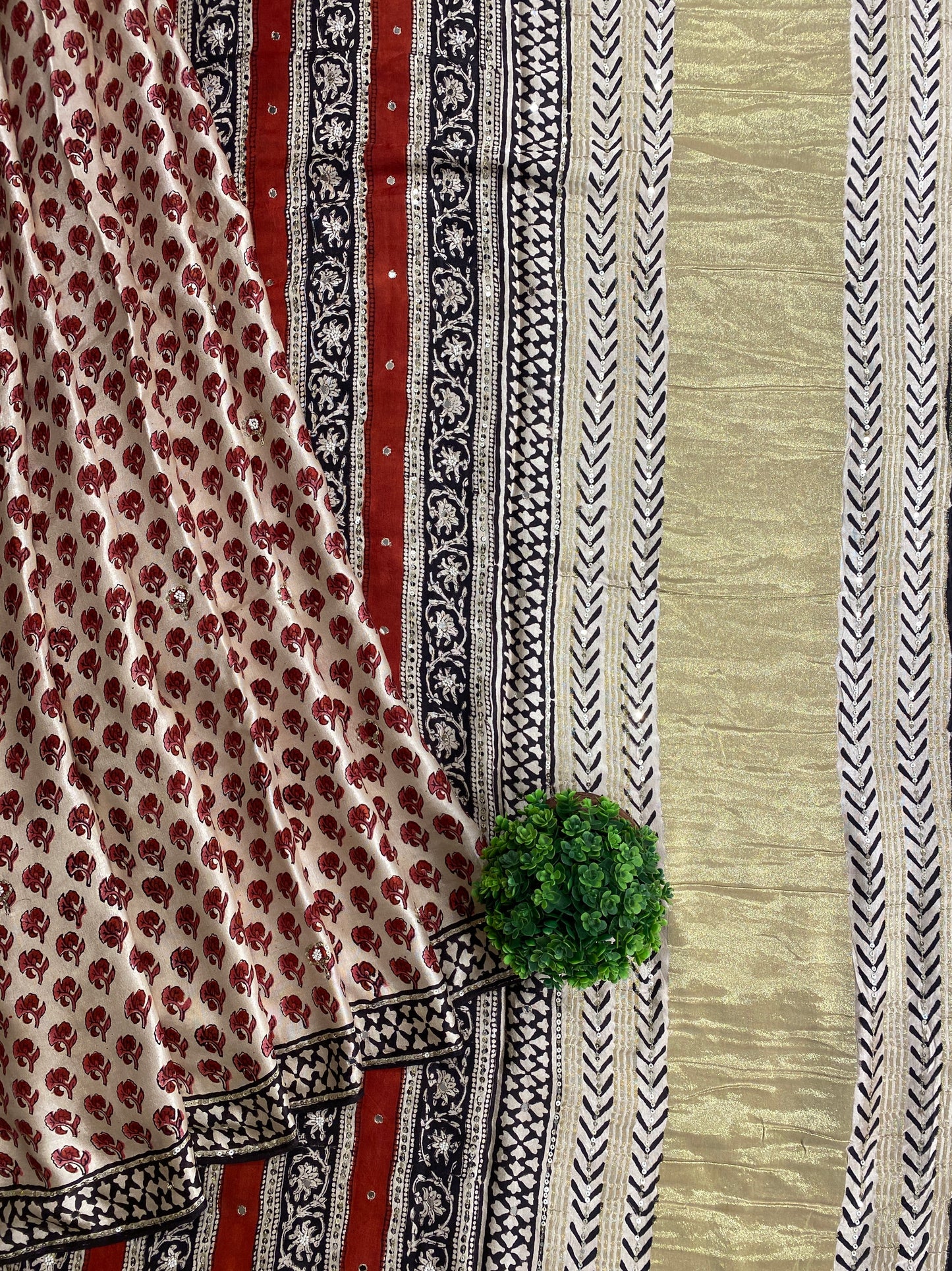 Off-White Pure Modal Silk Ajrakh Printed Saree With Unstiched Blouse