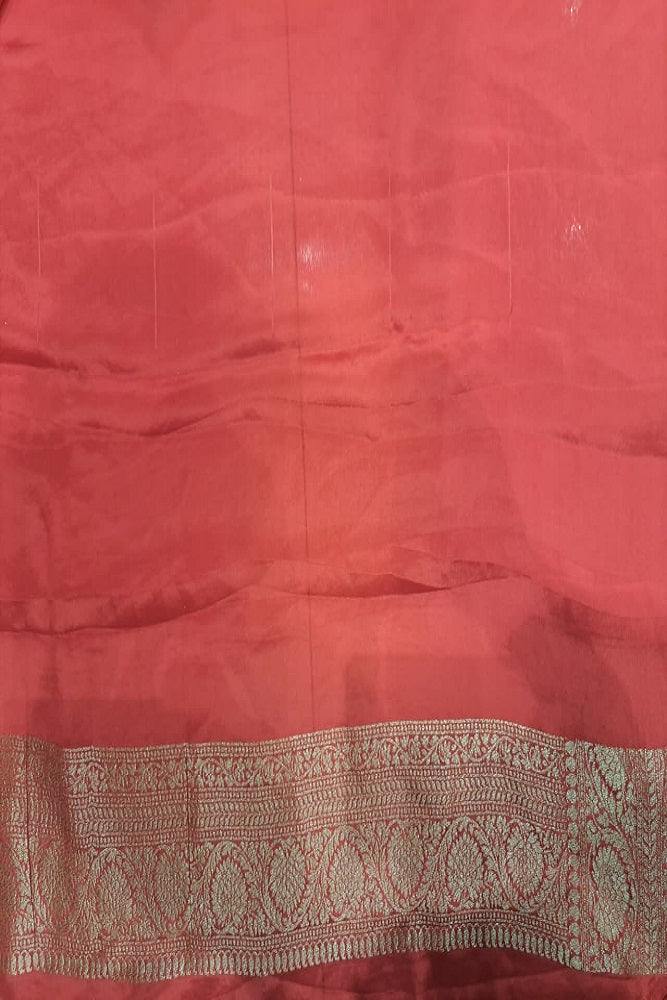 Red brocade crepe Khaddi silk saree with unstitched blouse, perfect for party wear, by Saarang Sarees.