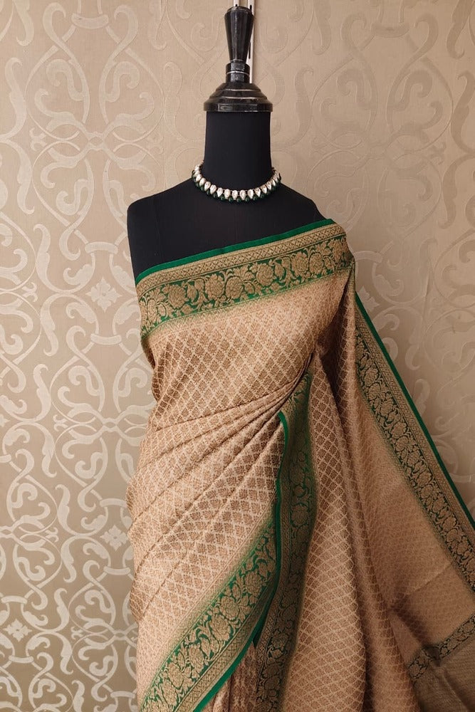 Beige Brocade Kora Banarasi Silk Saree, With Unstiched Blouse