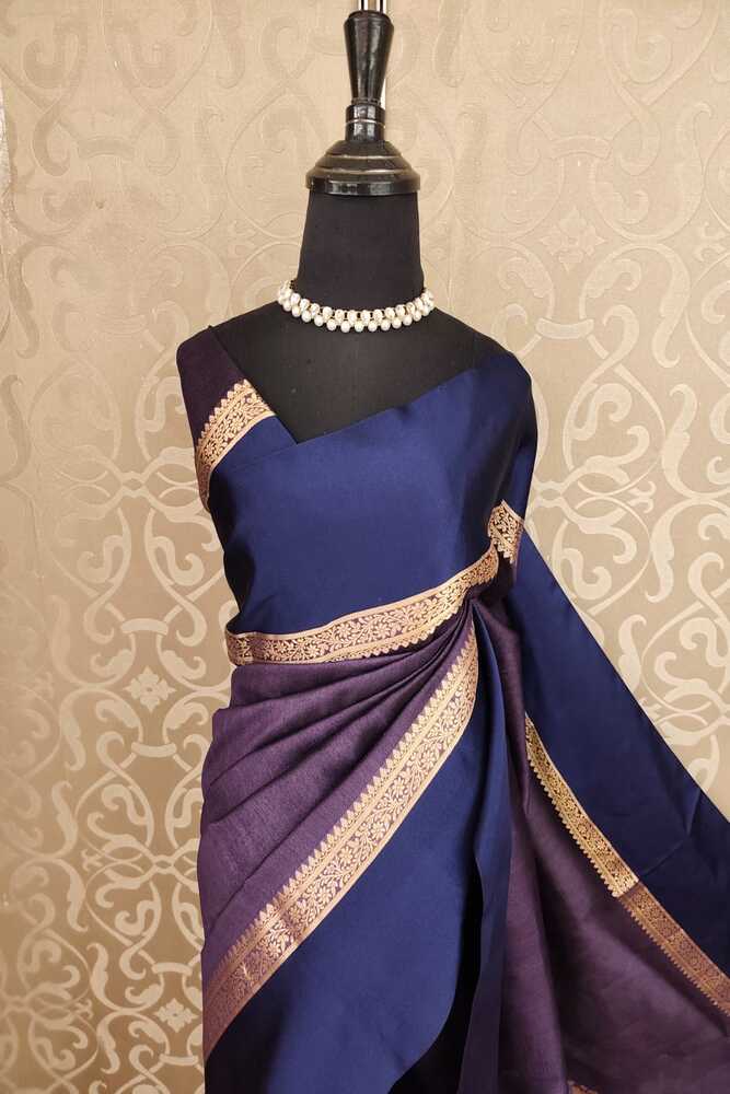 Purple and navy blue Tussar Banarasi silk saree with hand-woven motifs and unstiched blouse, traditional wear by Saarang Sarees.