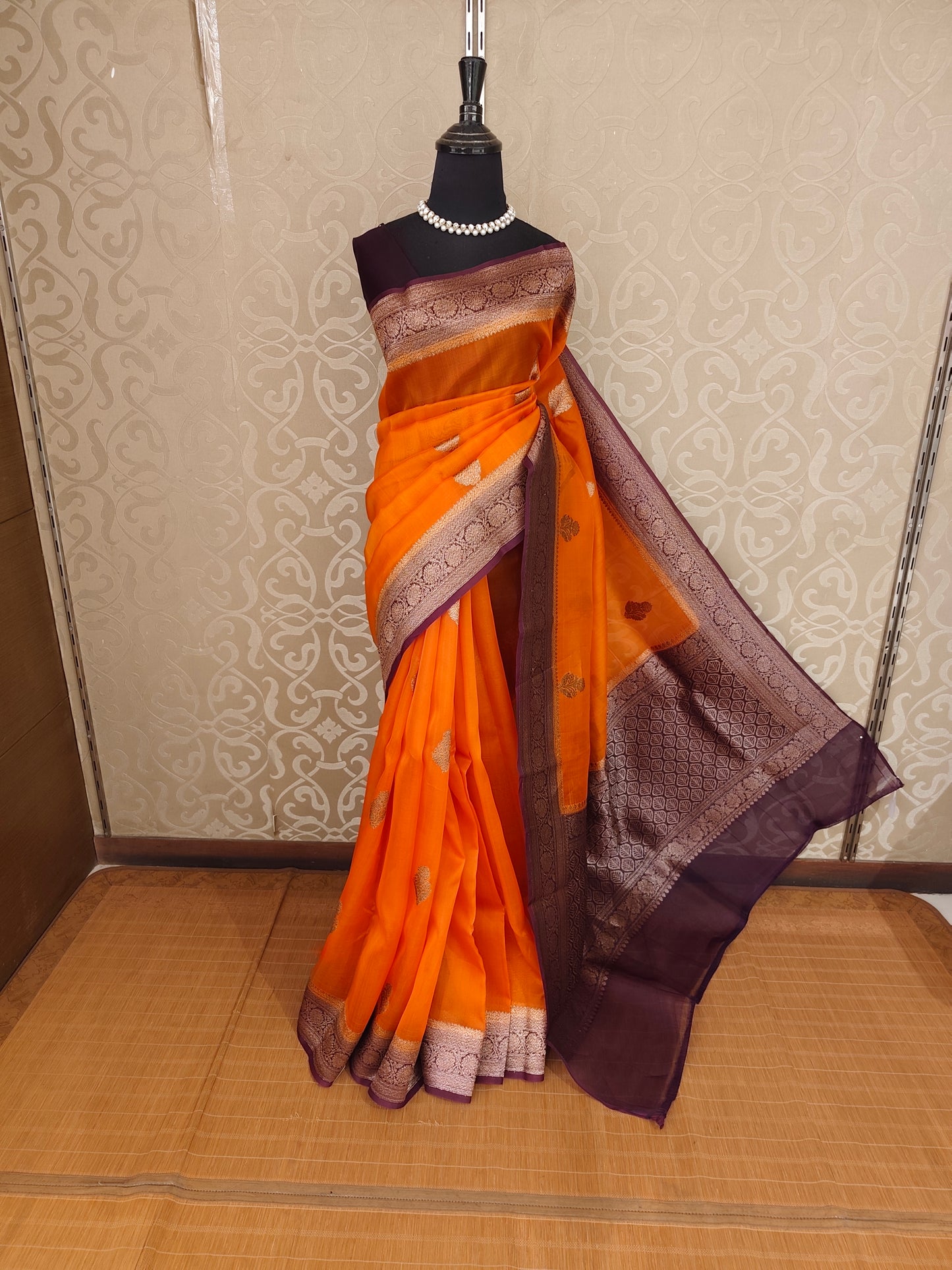 Saffron Kora Banarasi Silk Saree, With Unstiched Blouse