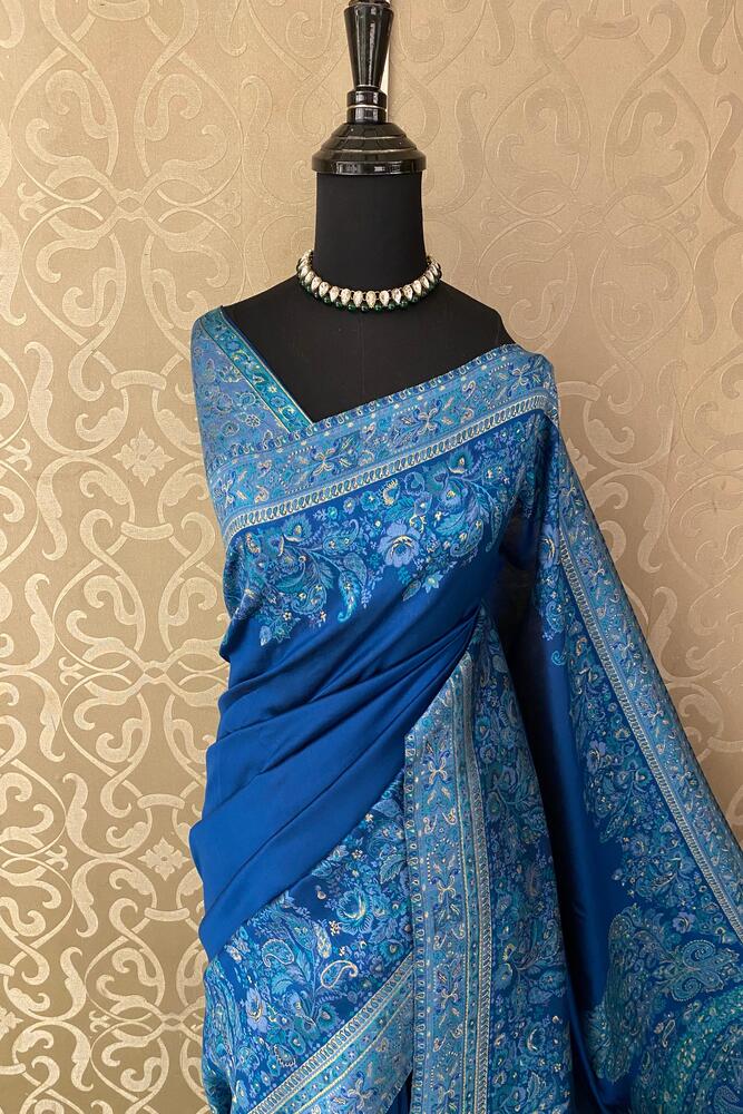 Royal Blue Pure Kani Handloom Silk Saree With Unstiched Jamewar Woven Blouse