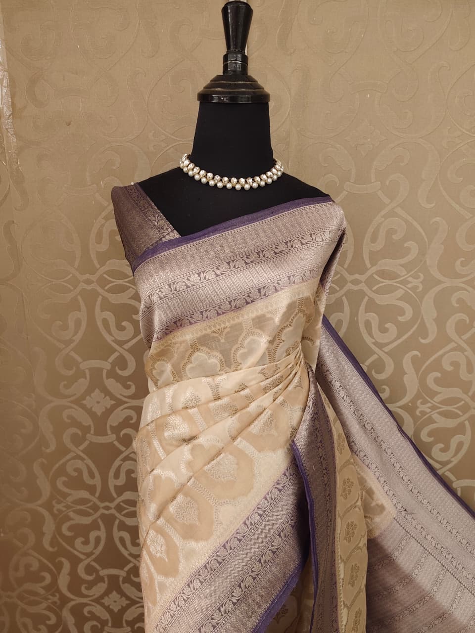 Off-White Tissue Banarasi Silk Saree, With Unstiched Blouse