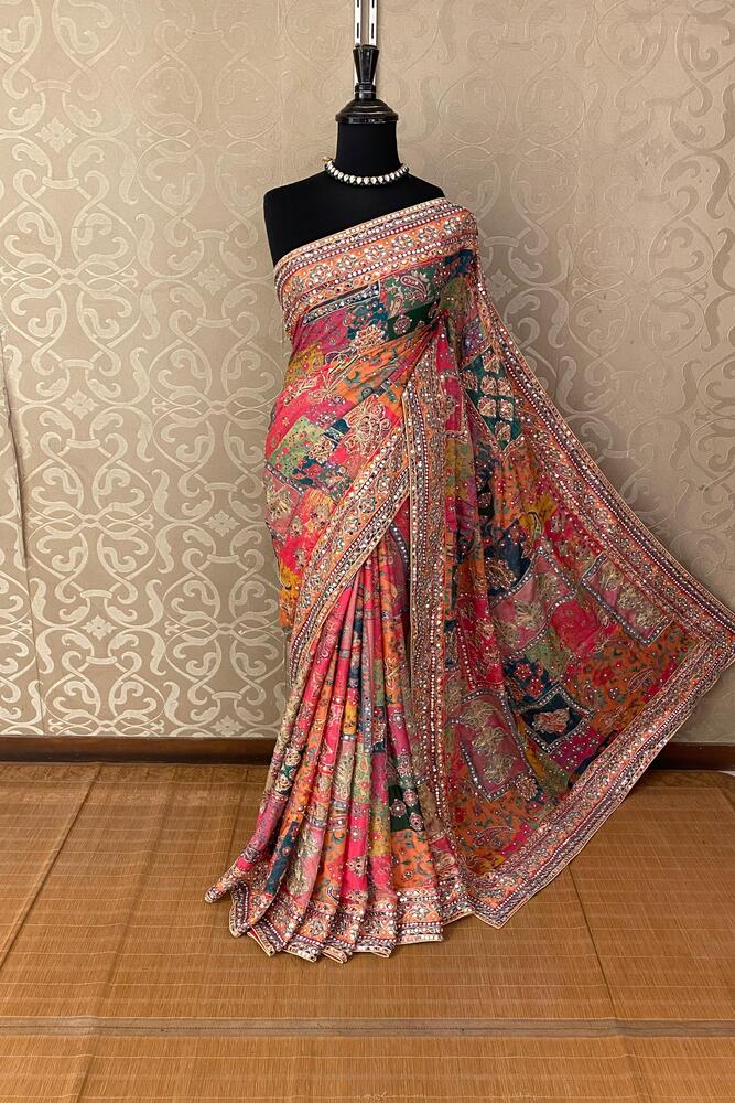 Multi Crepe Georgette Saree With Mirror Work, With Unstiched Blouse