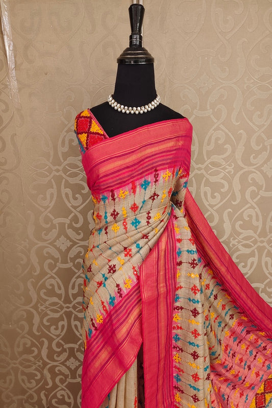 Beige & Multi Vidarbha Tussar Silk With Kutch Work Saree, With Unstitched Blouse