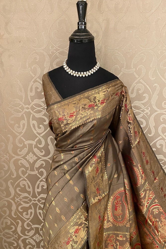 Chocolate Brown Hand Woven Baluchari Silk Saree, With Unstihed Blouse