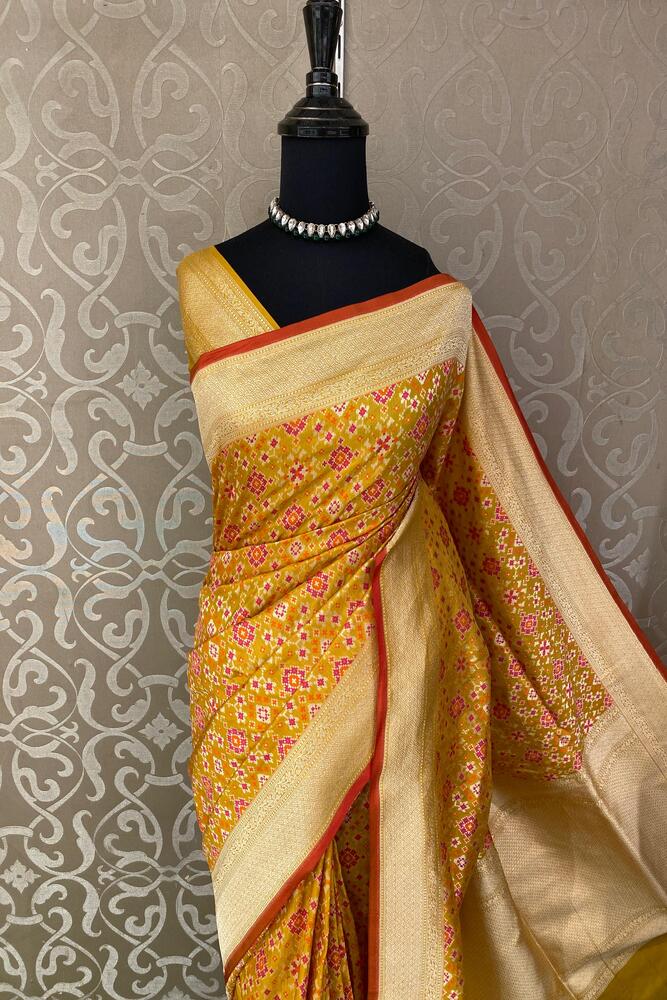 Mustard Yellow & Multi Banarasi Silk Saree With Patola Concept, With Unstiched Blouse
