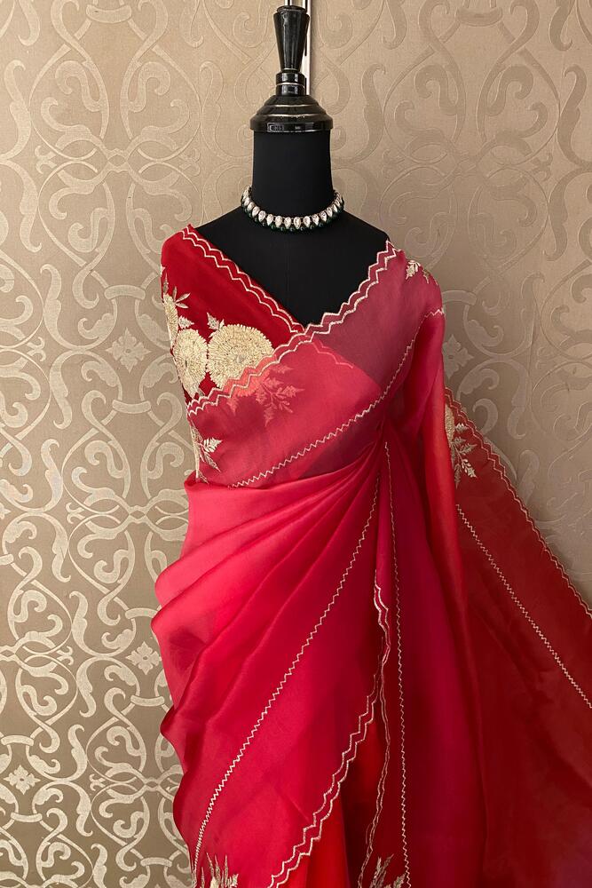 Magenta, Red & Pink Organza Silk Saree, With Unstiched Blouse
