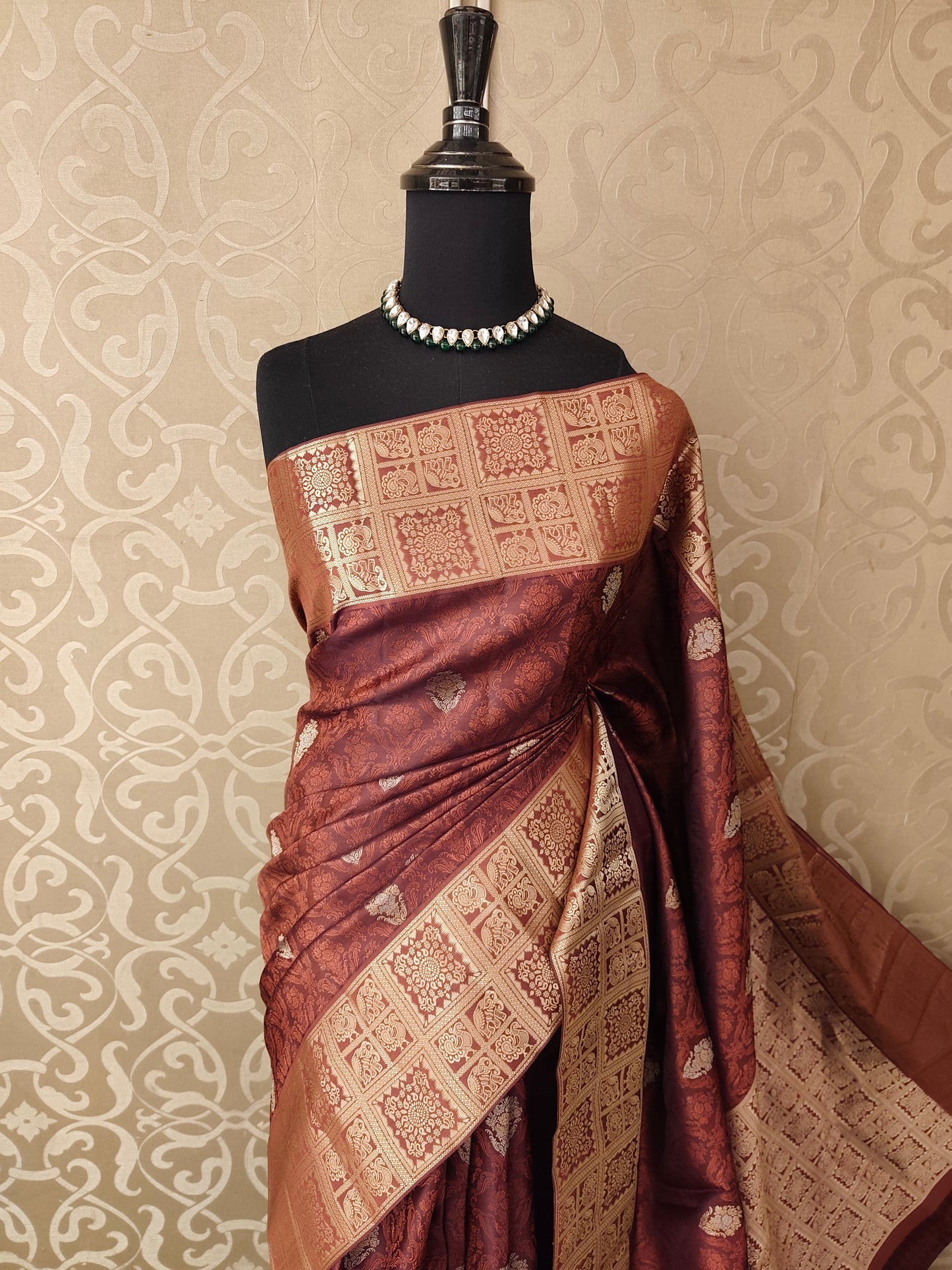 Brown Pure Kanjeevaram Silk Saree, With Unstiched Blouse