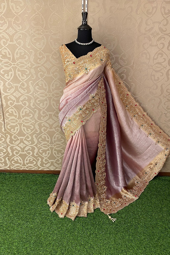 Pink & Purple Banarasi Silk Sarees With Embroidery Work, With Unstiched Blouse - Saarang Sarees