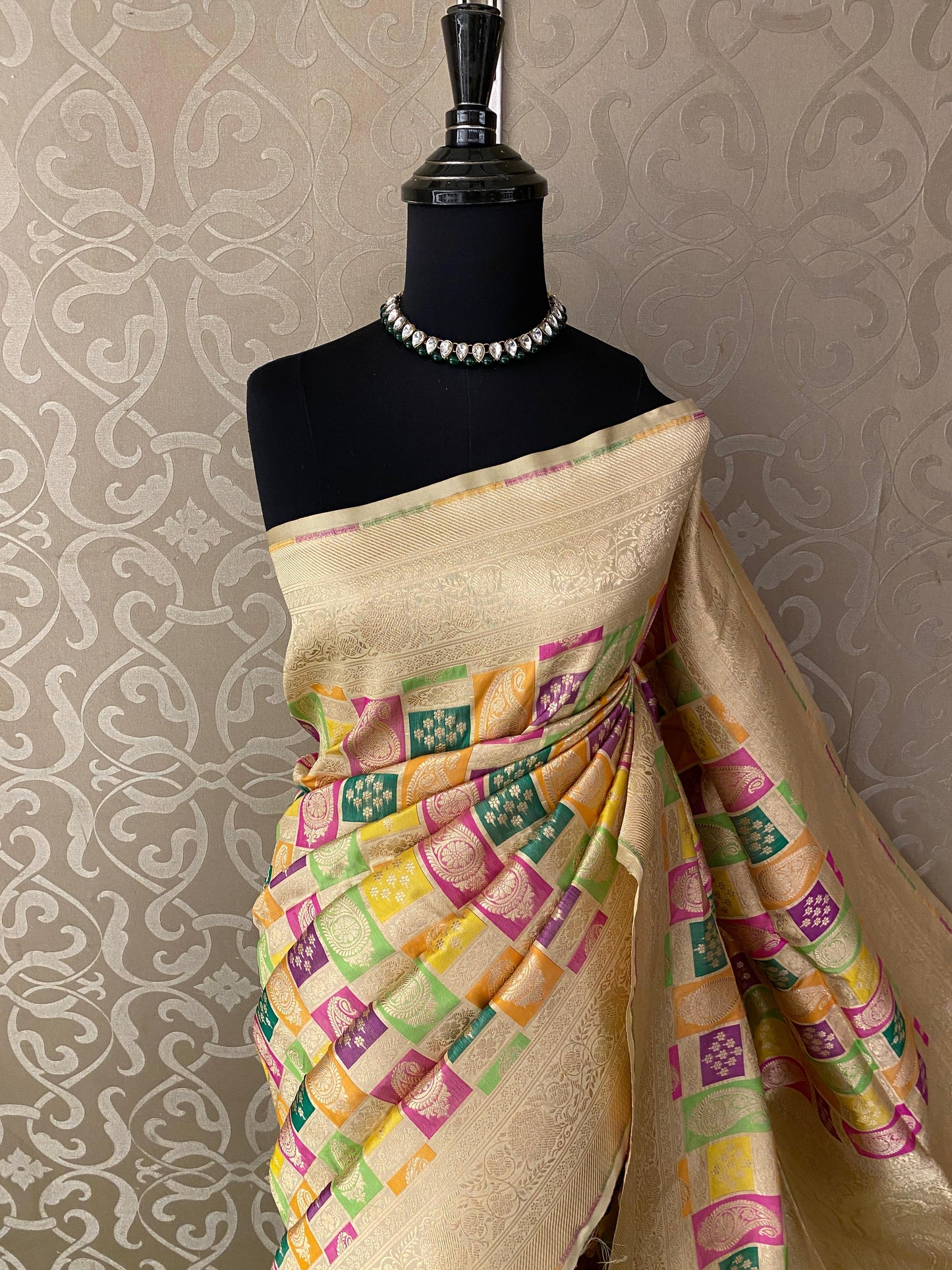 Golden Beige Kadiyal Banarasi Rangkat Design Saree, With Unstiched Blouse