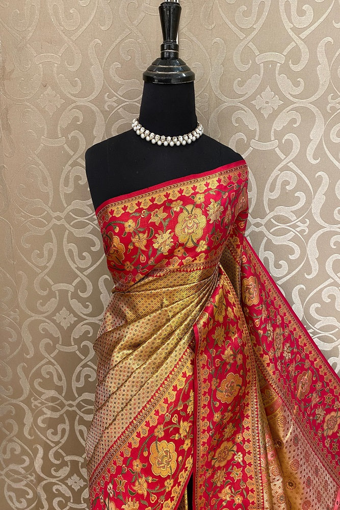Beige Gold Tissue Kanjeevaram Silk Saree, With Unstiched Blouse - Saarang Sarees