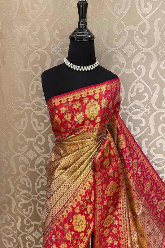 Beige Gold Tissue Kanjeevaram Silk Saree, With Unstiched Blouse - Saarang Sarees