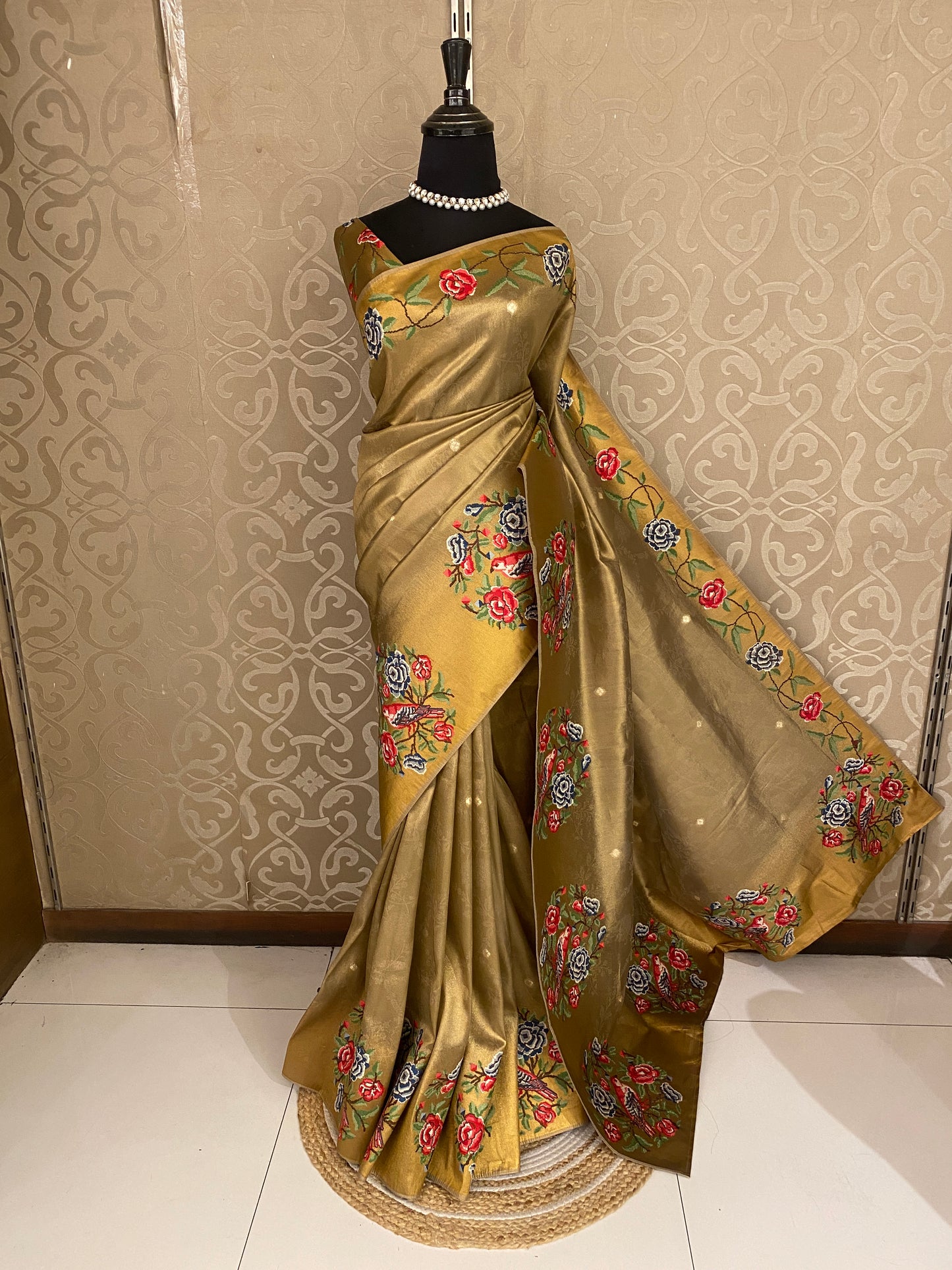 Golden Tissue Embroidery Saree, With Unstiched Blouse