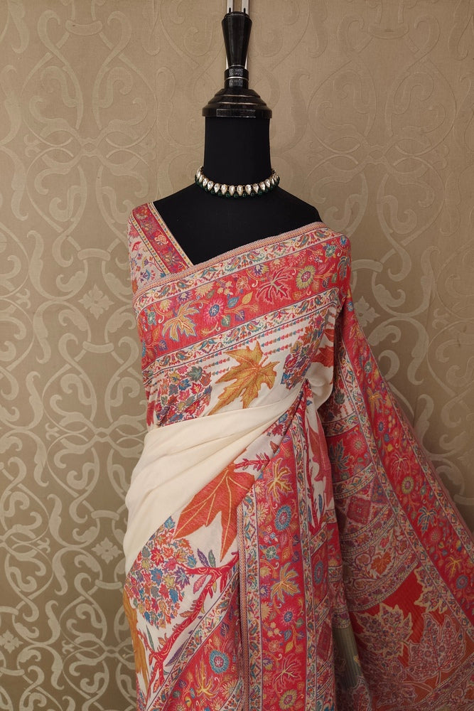 Off-White Pure Kani Handloom Silk Saree With Floral Woven Blouse