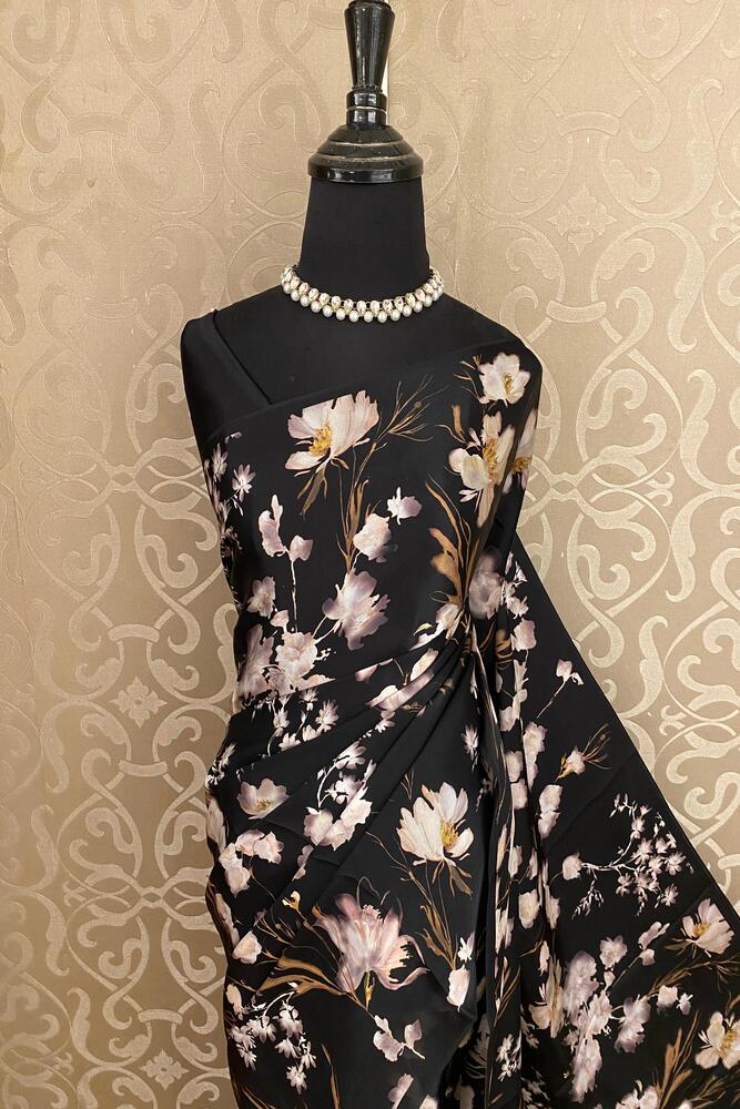 Black Crepe Satin Printed Saree, With Unstitched Blouse