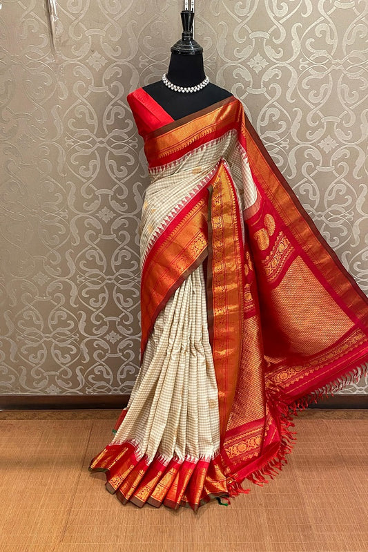 Offwhite Gadwal Silk Saree With Unstiched Contrast Blouse