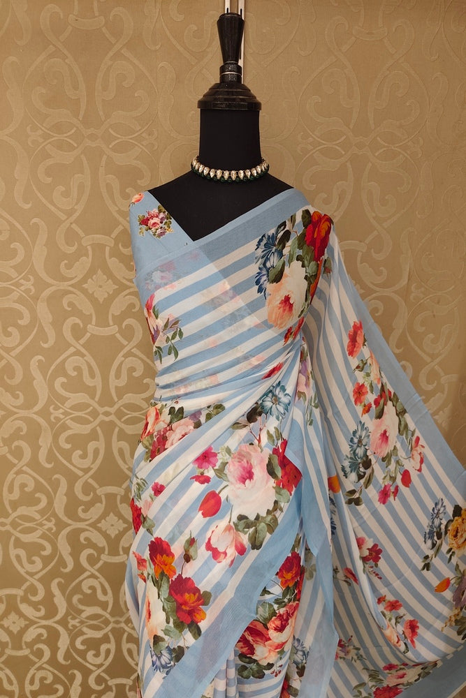 White Sky Stripe Floral Printed Chiffon Saree, With Unstiched Blouse Piece