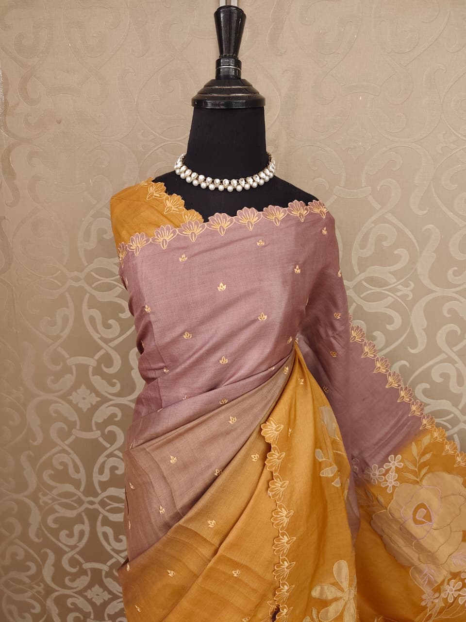 Mauve Pink and Mustard Yellow Tussar Applique Work Saree, With Unstiched Blouse