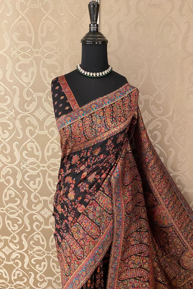Black Pure Kani Handloom Silk Saree With Floral Woven Blouse