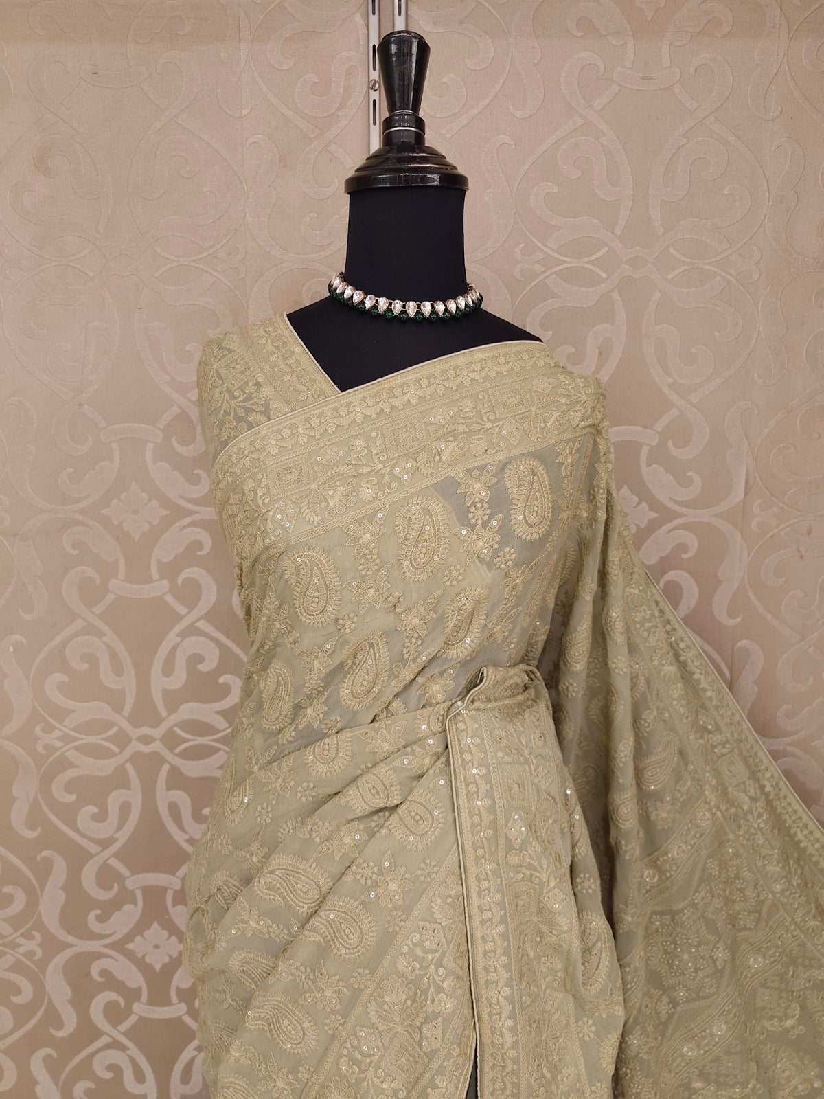 Light Olive Green Georgette Chikankari Embroidery Saree, With Unstitched Blouse