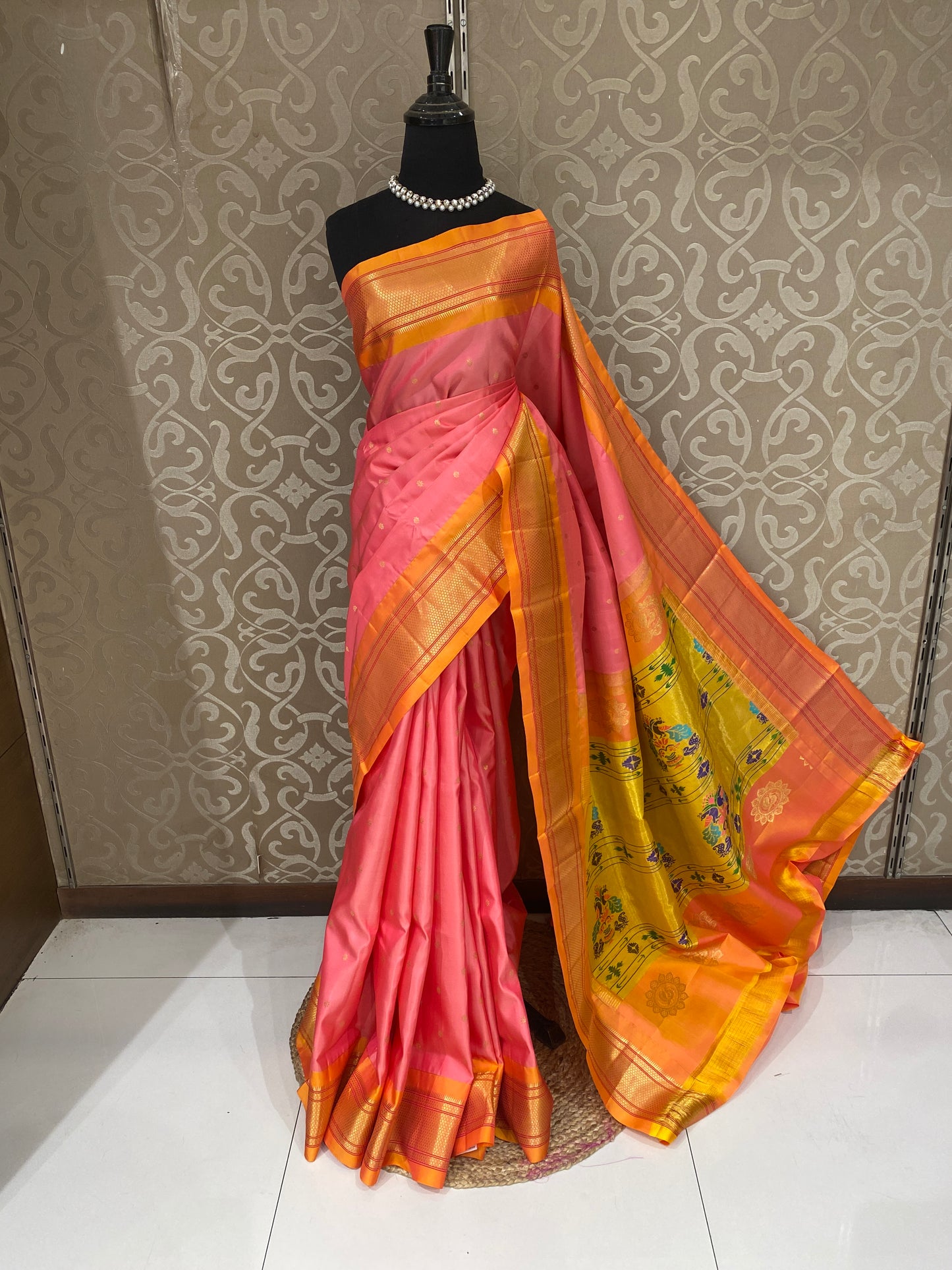 Pink & Yellow Paithani Silk Saree, Multi Colour Weaving, With Unstiched Blouse