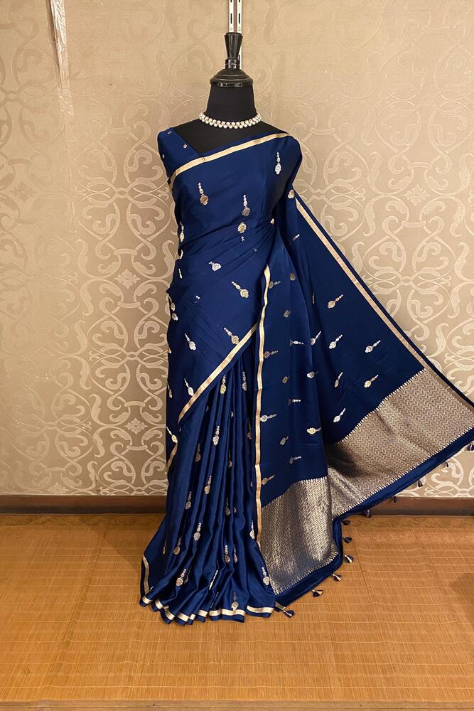 Deep Blue Mashru Silk Banarasi Handloom Saree, With Unstiched Blouse