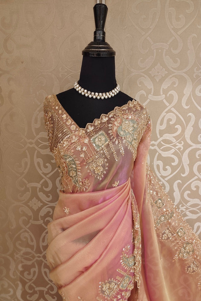 Golden Peach Soft Tissue Organza Silk Embroidery Saree, With Unstiched Blouse