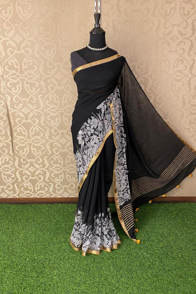 Black Chiffon Saree, With Unstiched Blouse