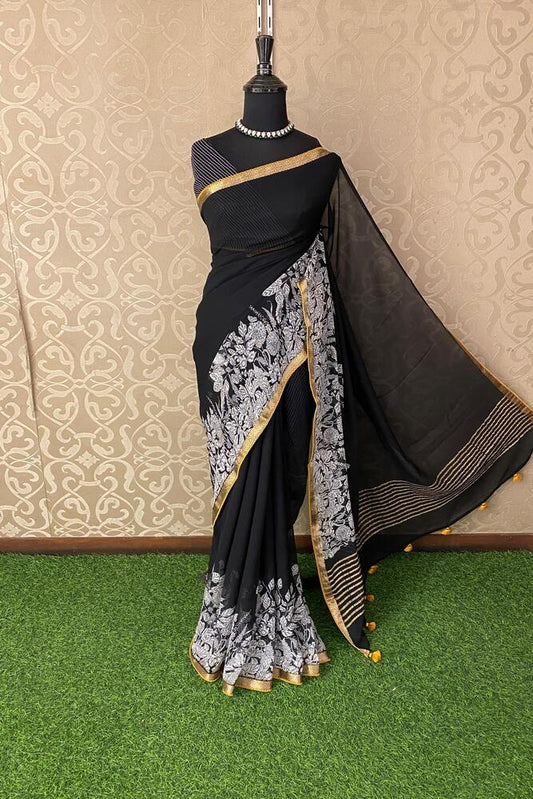 Black Chiffon Saree, With Unstiched Blouse