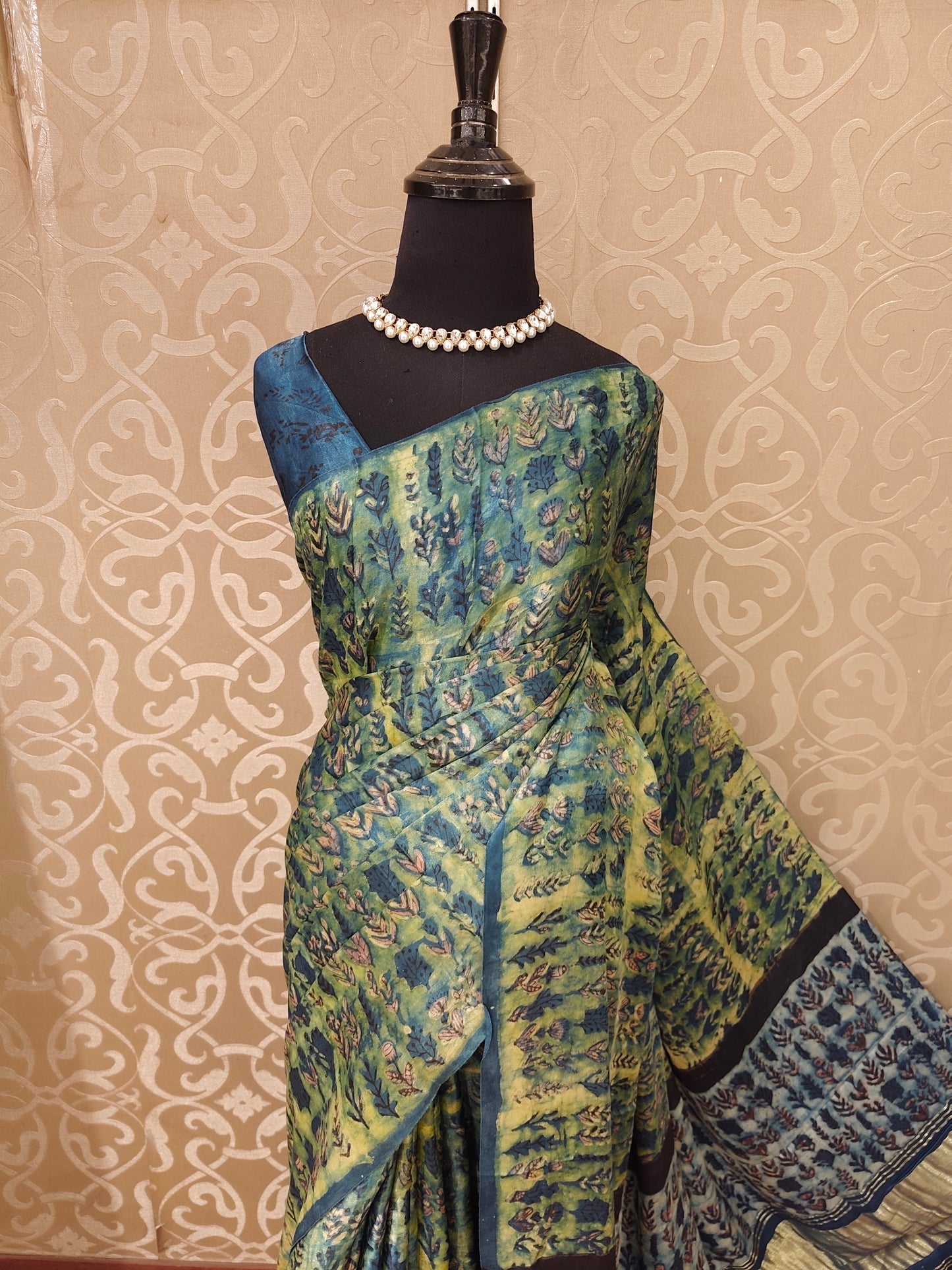 Yellow & Blue Pure Modal Silk Ajrakh Printed Saree With Unstich Blouse