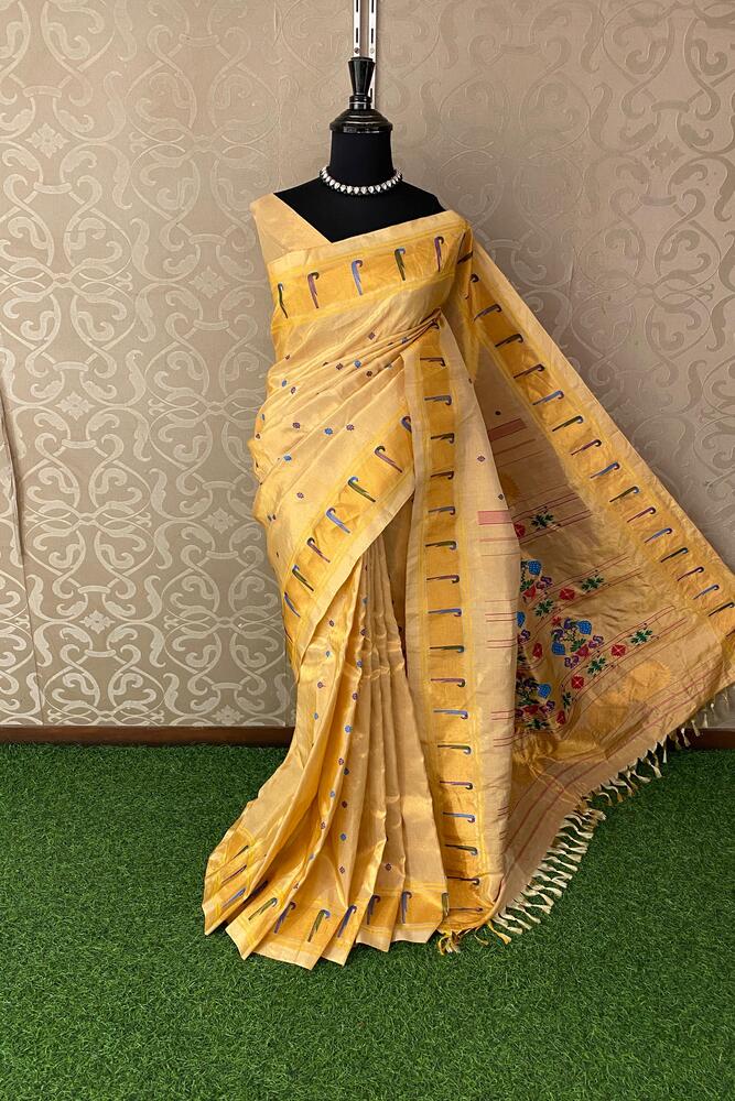 Yellow Gadwal Silk Sarees With Paithani Work, With Unstiched Blouse