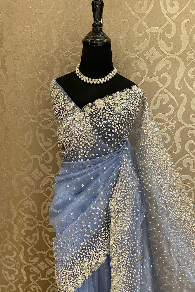 Powder Blue Organza Silk Saree With Sequence Work, With Unstiched Blouse