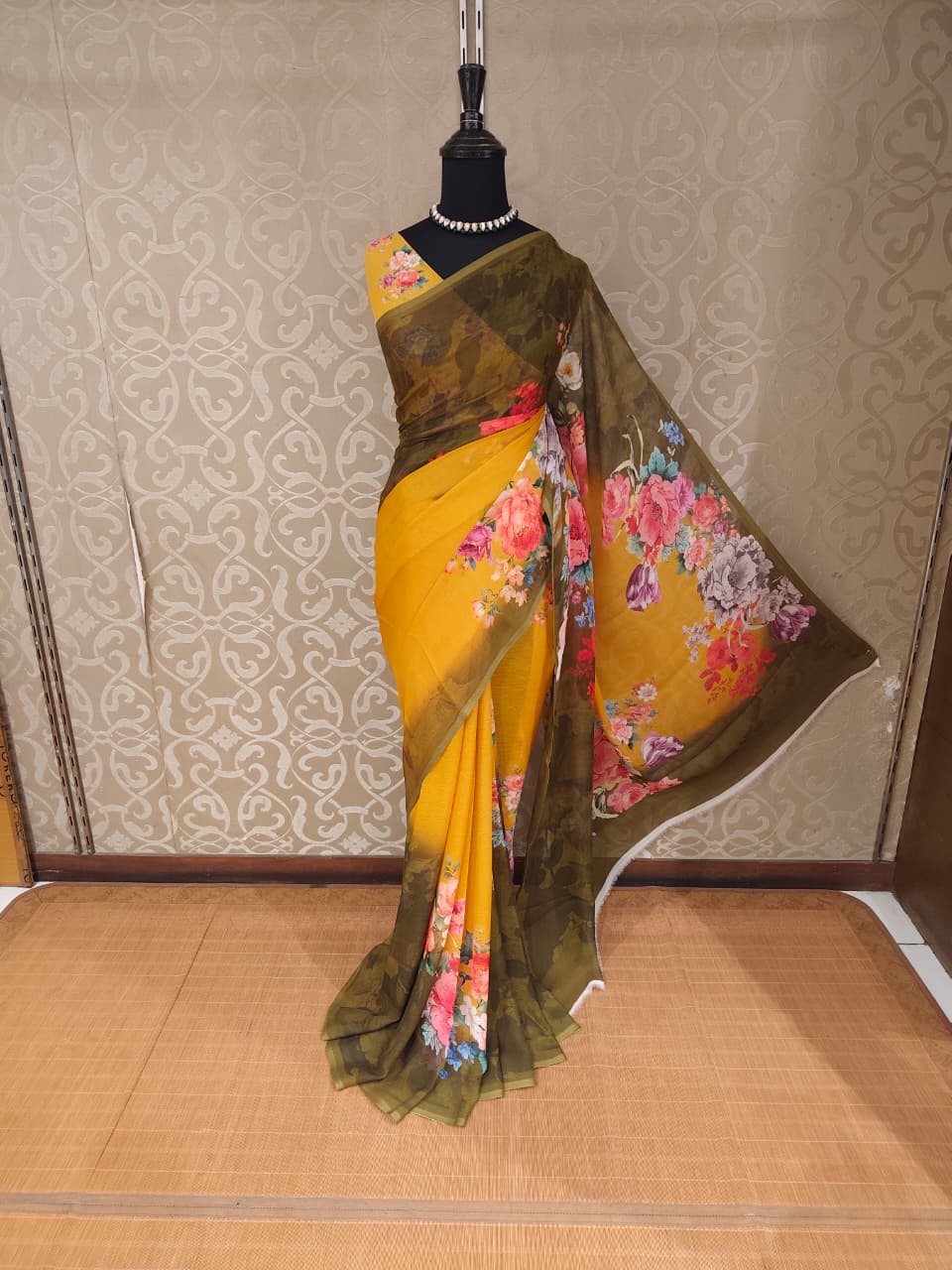 Mustrad Yellow Floral Printed Chiffon Saree, With Unstiched Blouse Piece