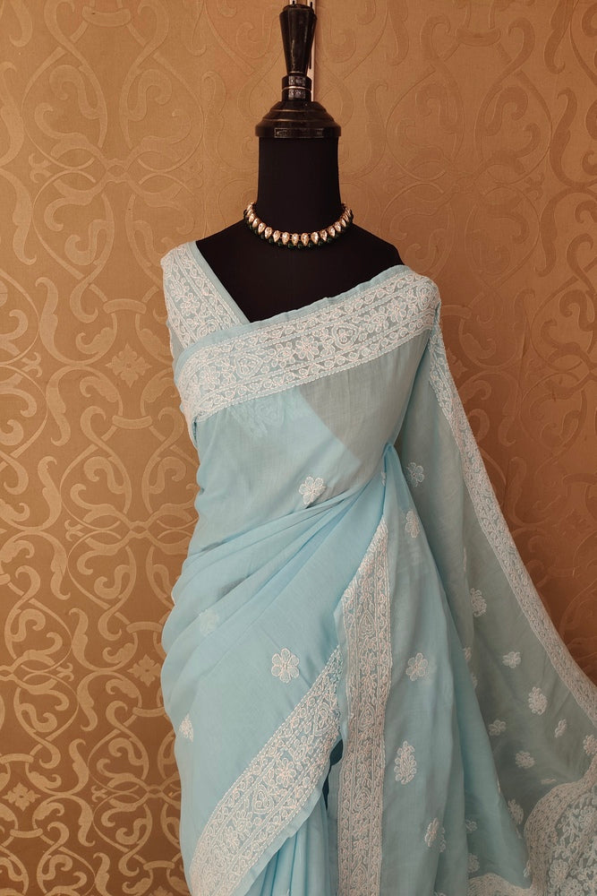Sky Cotton Saree With Chikankari Embroidery, Unstitched Blouse