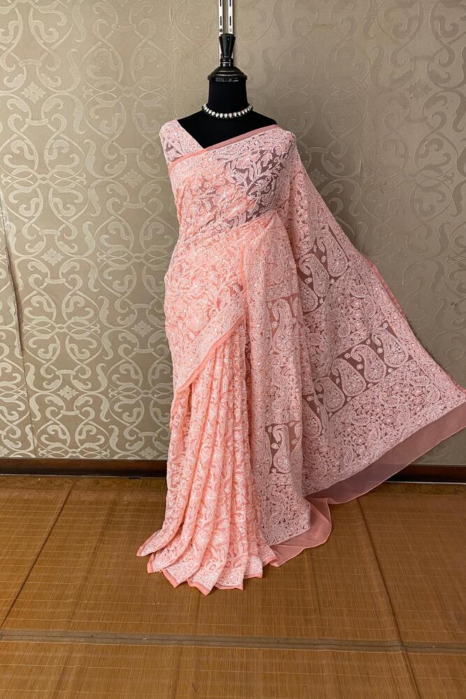 Peach Georgette Hand Chikankari Work Saree, With Unstiched Blouse
