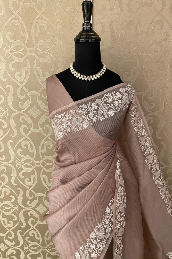Light Brown Organza Silk Resham Embroidery Saree, With Unstiched Blouse