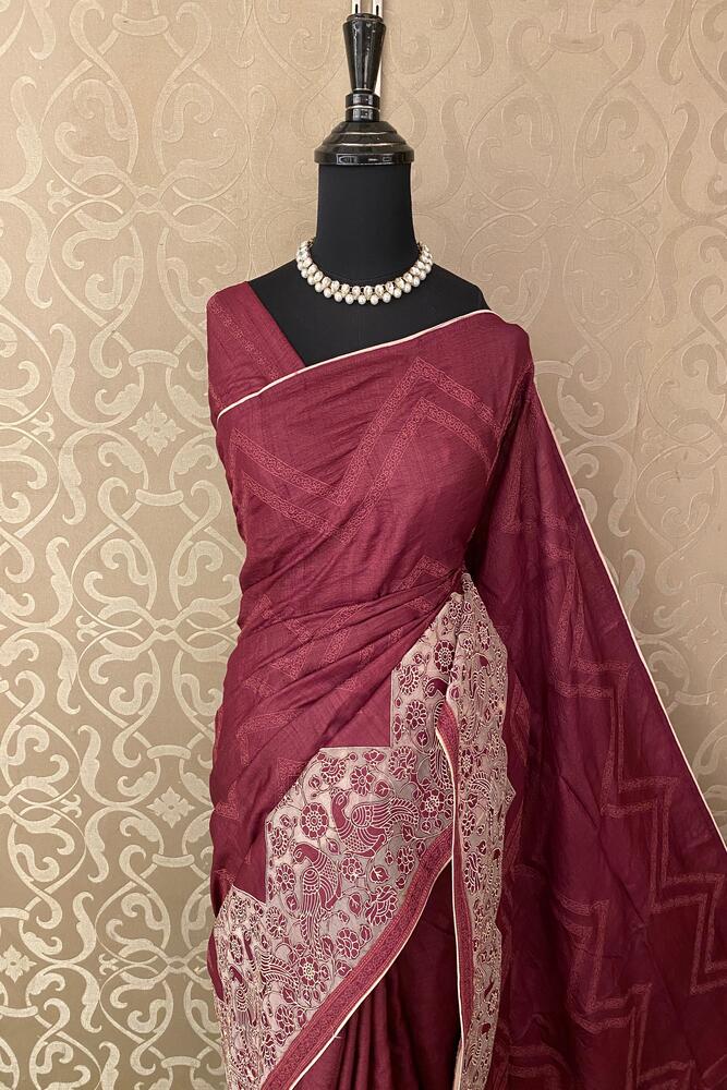 Wine Tussar Saree With Organza Applique Work, With Unstiched Blouse
