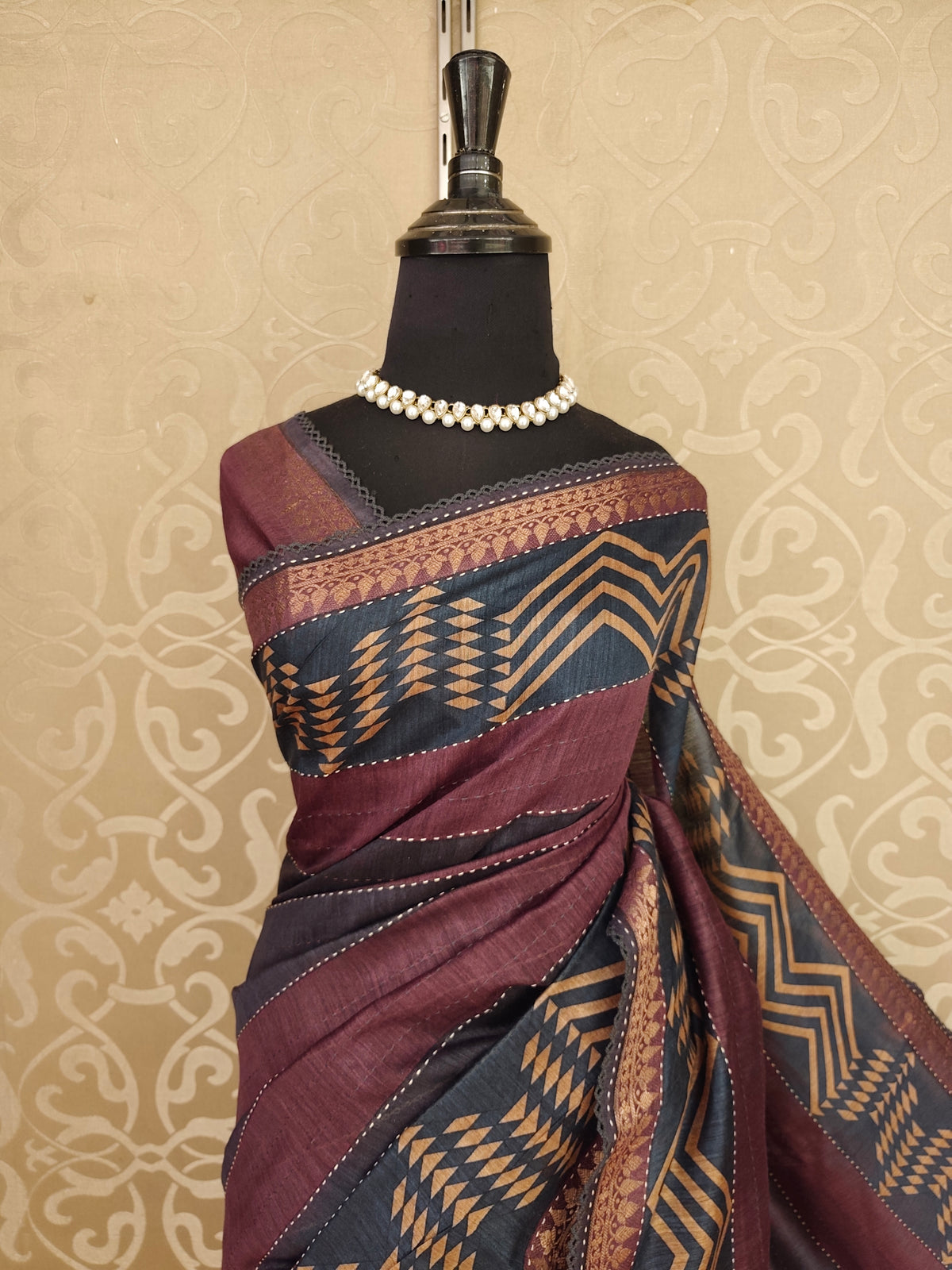 Deep Maroon Munga Silk Printed Saree With Kantha Work, With Unstich Blouse