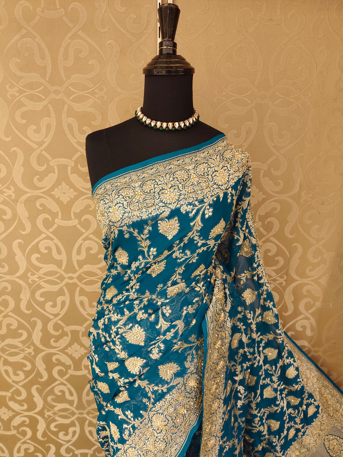 Firozi Georgette Khaddi Embroidery Saree, With Unstiched Blouse